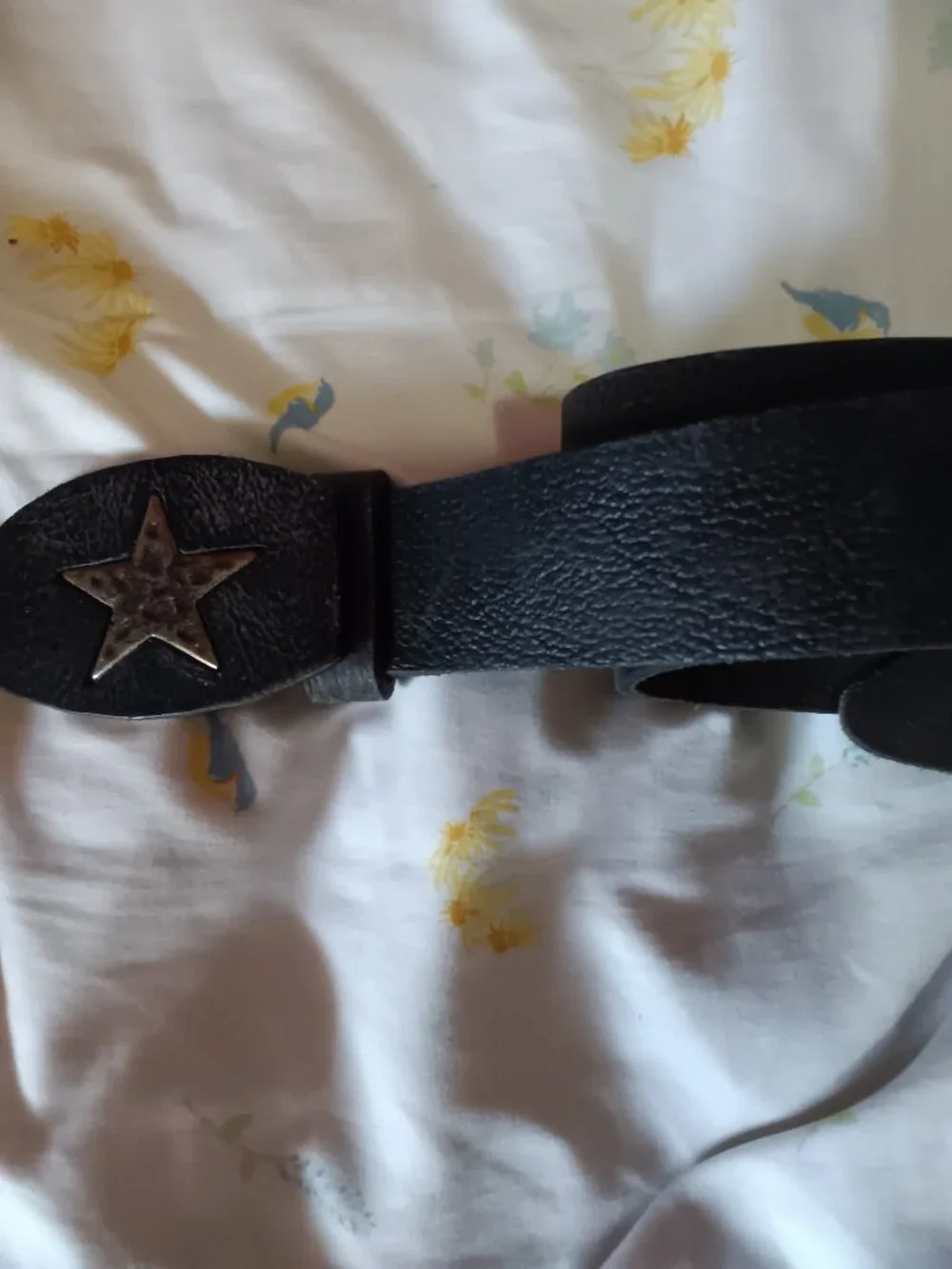 Vintage Black Leather Belt with Bronze Star Buckle